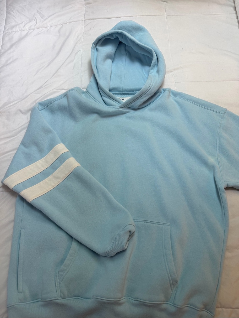 Hollister Baby Blue Hoodie with White Sleeve Stripes